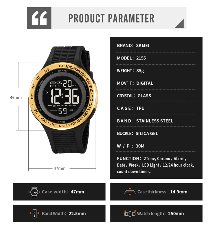 SKMEI 2155 Men's Sport Chronograph Electronic Wrist Watches Waterproof Digital Wrist Clock with Alarm Luxury Band Position