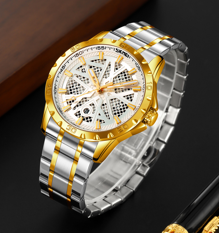 SKMEI 9337 Men's Simple Skeleton Quartz Watch Custom Lookworld Fashion  Printed Waterproof Business Style Stainless Steel Perfect