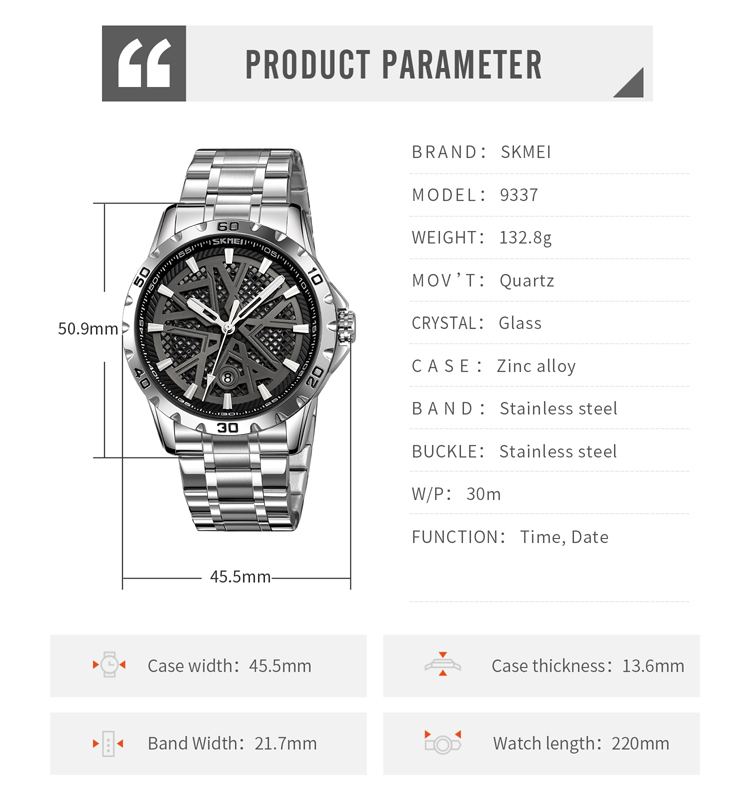 SKMEI 9337 Men's Simple Skeleton Quartz Watch Custom Lookworld Fashion  Printed Waterproof Business Style Stainless Steel Perfect