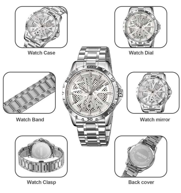 SKMEI 9337 Men's Simple Skeleton Quartz Watch Custom Lookworld Fashion  Printed Waterproof Business Style Stainless Steel Perfect