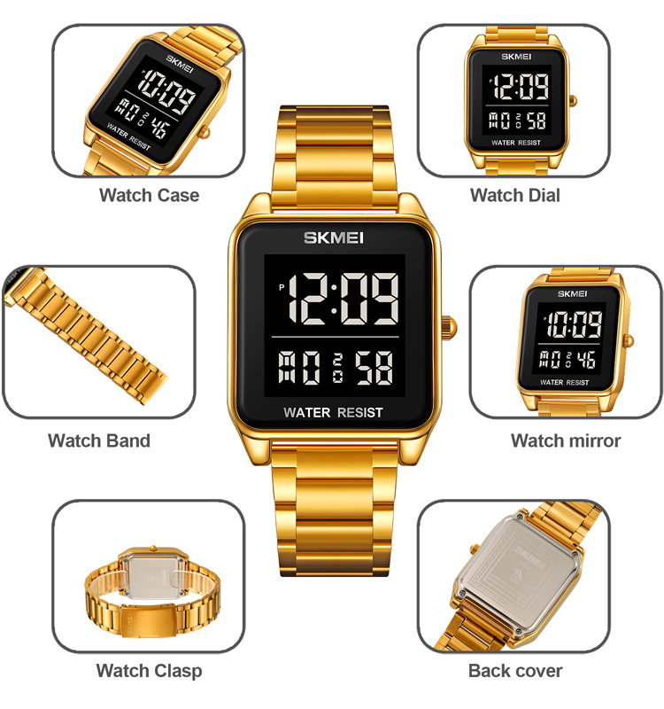 SKMEI 2154 Men's Luxury Stainless Steel Digital Wristwatch 30m Waterproof Custom Logo Modern Buckle Clasp Glass Case Sport Water