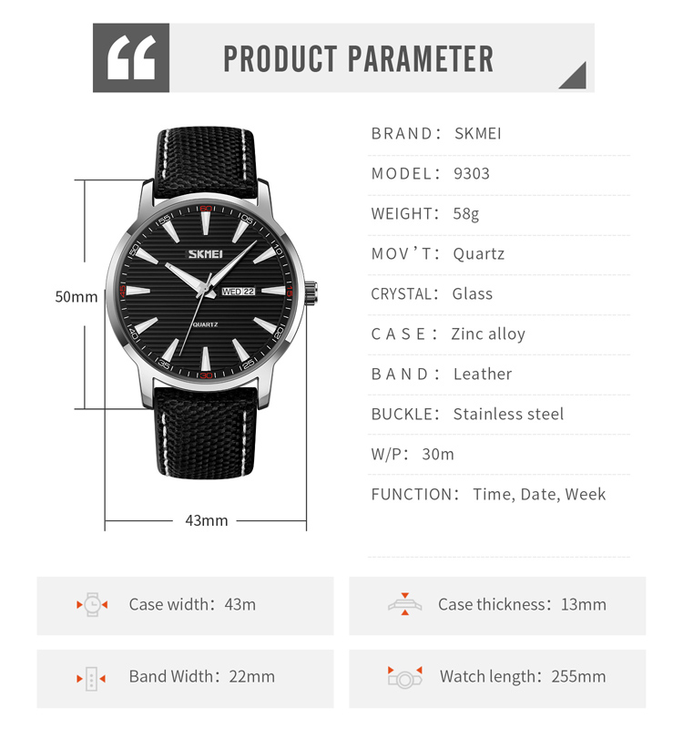 Skmei 9303 Minimalist Style Leather Strap Business Wristwatch for Men
