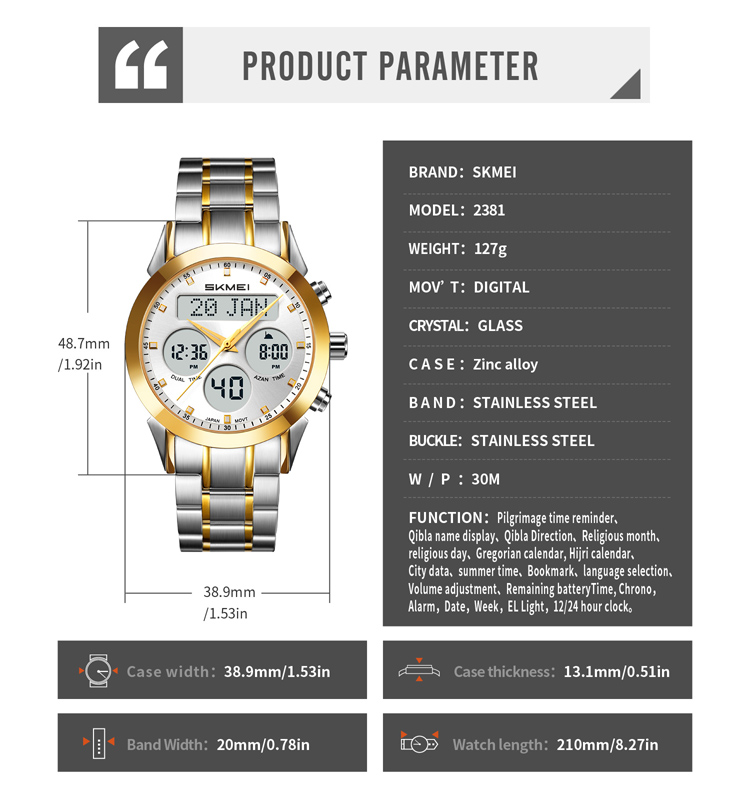 Hot Selling SKMEI 2381 Digital Watch Wholesale Fashion Sports Wear-Resistant Stainless Steel Band with Japanese Movement Muslim