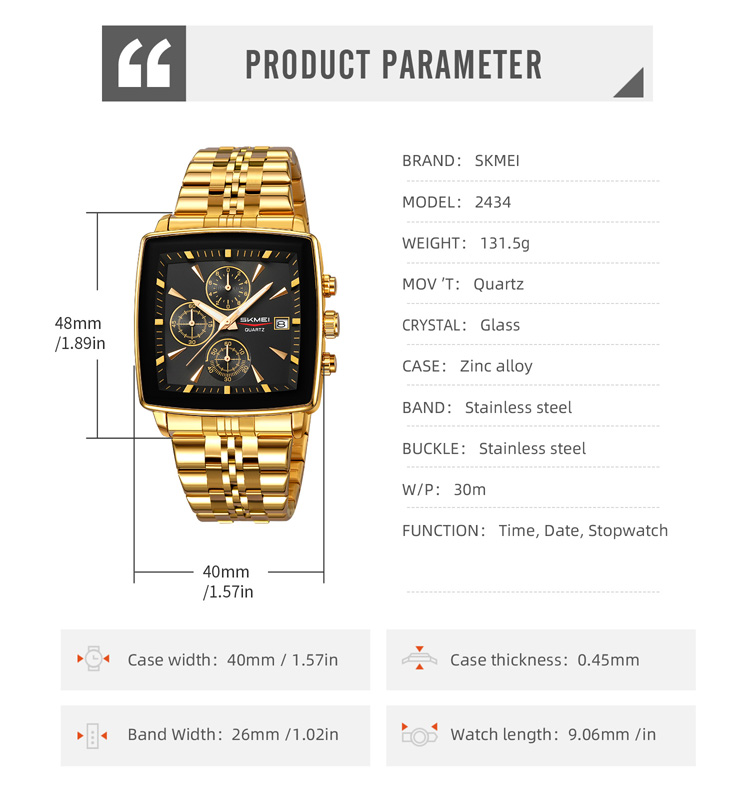 SKMEI 2434 Men's Luxury Stainless Steel Quartz Chronograph Watch Silver Band Square Analog Dial Date Display Water Resistant
