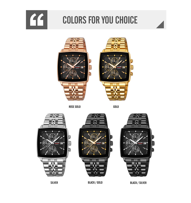 SKMEI 2434 Men's Luxury Stainless Steel Quartz Chronograph Watch Silver Band Square Analog Dial Date Display Water Resistant