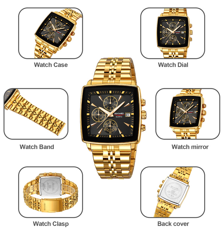 SKMEI 2434 Men's Luxury Stainless Steel Quartz Chronograph Watch Silver Band Square Analog Dial Date Display Water Resistant